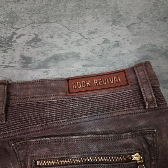 ROCK REVIVAL Daviday Moto Acid Wash Tie Dye Denim Jeans Mens Size 42x32 Brown - Picture 5 of 9